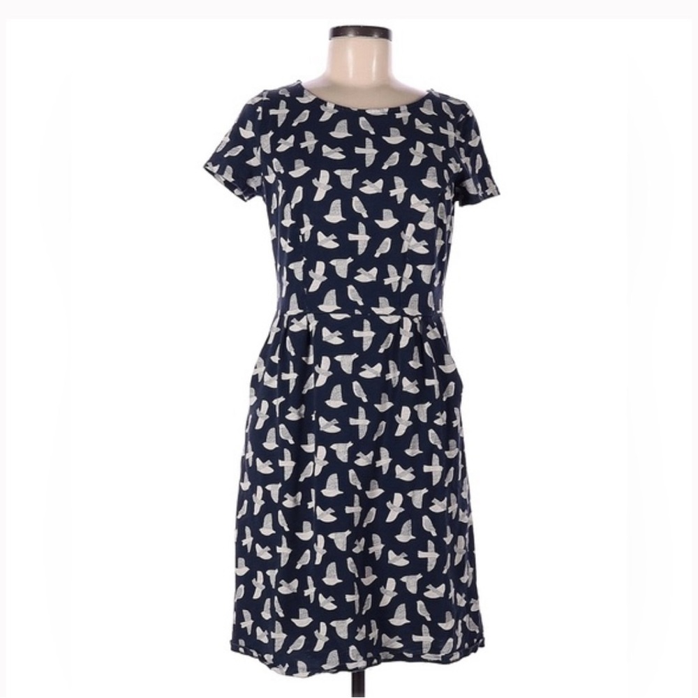 Boden Bird Print Navy White Pleated Pullover T-Shirt Dress 10R